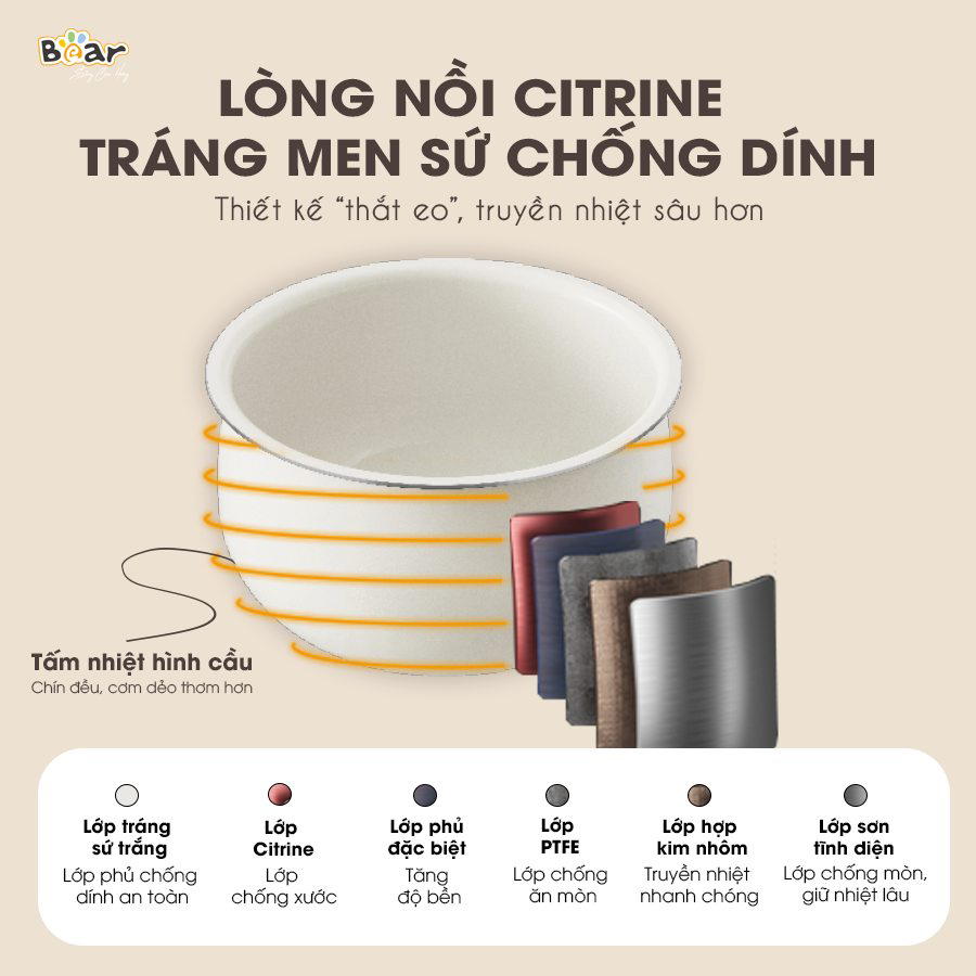 Nồi Cơm Điện 3L Bear SB-NC30B - 600W - 6 chức năng nấu đa dạng - Bảng điều khiển tiếng Việt - Dễ sử dụng