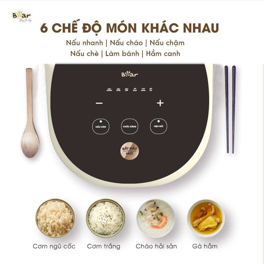 Nồi Cơm Điện 3L Bear SB-NC30B - 600W - 6 chức năng nấu đa dạng - Bảng điều khiển tiếng Việt - Dễ sử dụng
