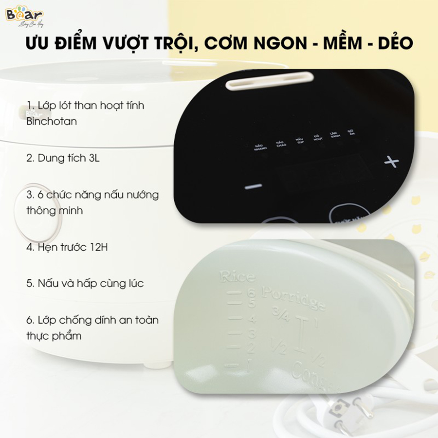 Nồi Cơm Điện 3L Bear SB-NC30B - 600W - 6 chức năng nấu đa dạng - Bảng điều khiển tiếng Việt - Dễ sử dụng