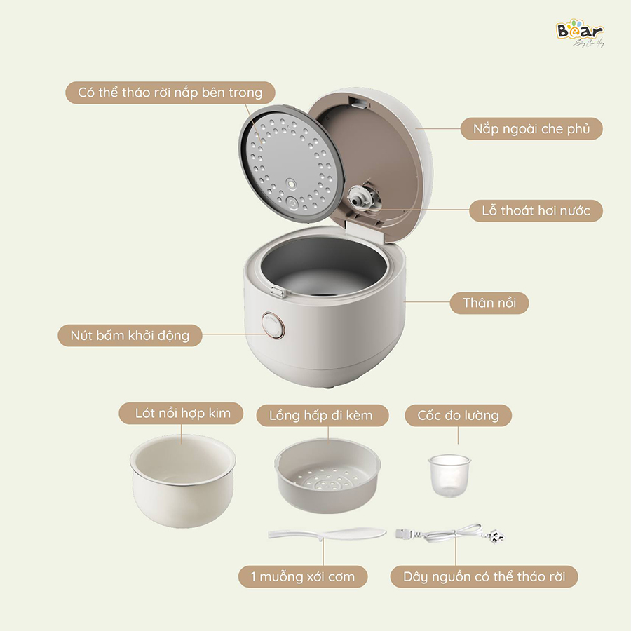 Nồi Cơm Điện 3L Bear SB-NC30B - 600W - 6 chức năng nấu đa dạng - Bảng điều khiển tiếng Việt - Dễ sử dụng