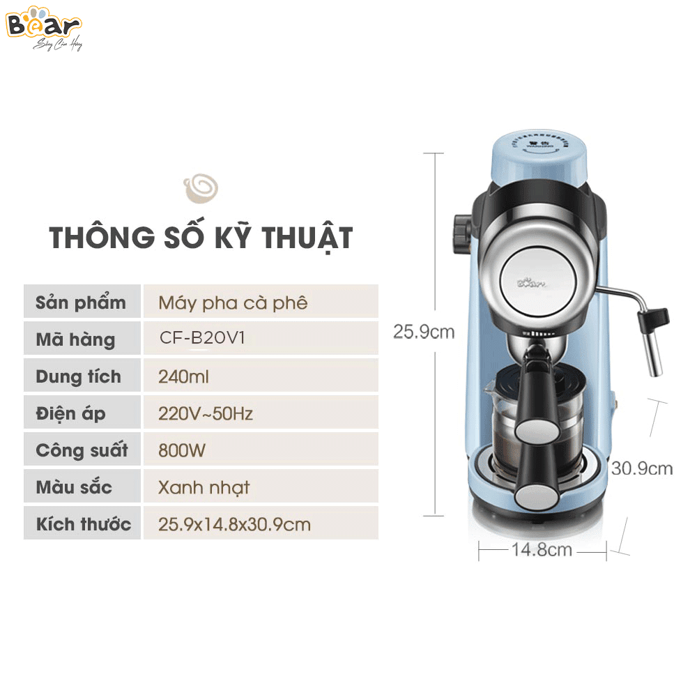 Máy Pha Cà Phê Bear Tự Động CF-B02V1 800W Pha Espresso Phong Cách Ý