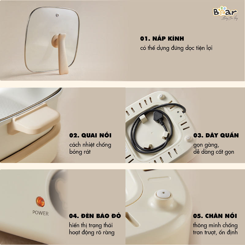 Nồi Lẩu Điện Đa Năng Bear DHG-C40M1 Tiết Kiệm Điện 7 trong 1 Chống Dính Cao Cấp Nấu Lẩu Thịt Nướng