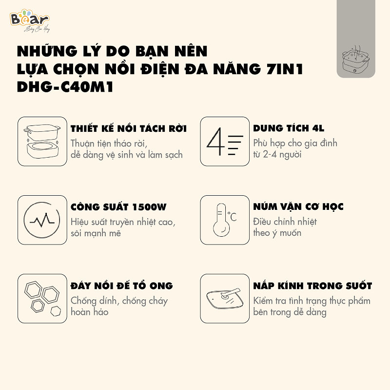 Nồi Lẩu Điện Đa Năng Bear DHG-C40M1 Tiết Kiệm Điện 7 trong 1 Chống Dính Cao Cấp Nấu Lẩu Thịt Nướng