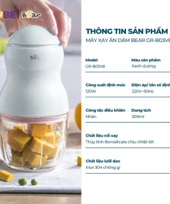 Máy Xay Ăn Dặm Cầm Tay GR-B03V8 Bear 0.3L 8 Lưỡi Dao Inox 304 Xay Nhuyễn Thịt Cá Rau Củ Quả Cối Thủy Tinh Borosilicate
