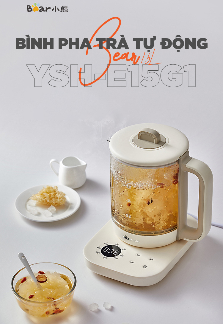 Ấm pha trà đa năng Bear YSH-E15G1 (SB-PT15K) 1000W Bình thủy tinh có lõi lọc inox 304