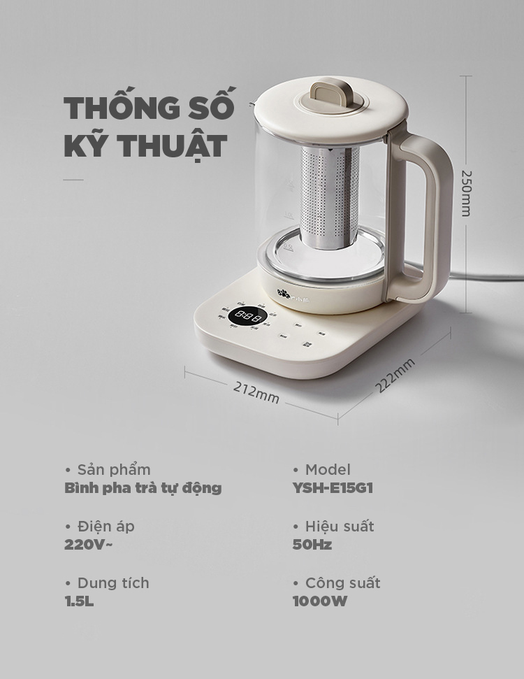 Ấm pha trà đa năng Bear YSH-E15G1 (SB-PT15K) 1000W Bình thủy tinh có lõi lọc inox 304
