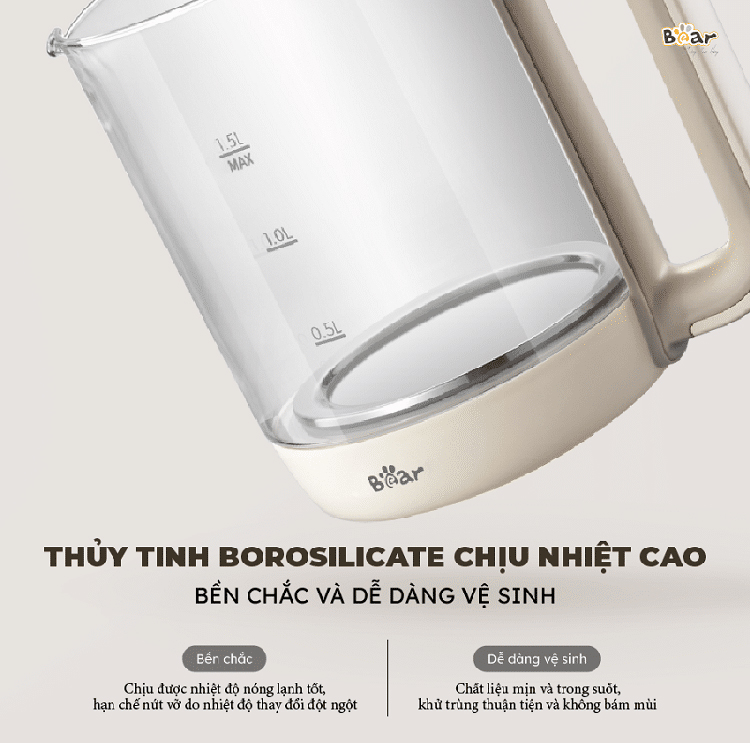 Ấm pha trà đa năng Bear YSH-E15G1 (SB-PT15K) 1000W Bình thủy tinh có lõi lọc inox 304