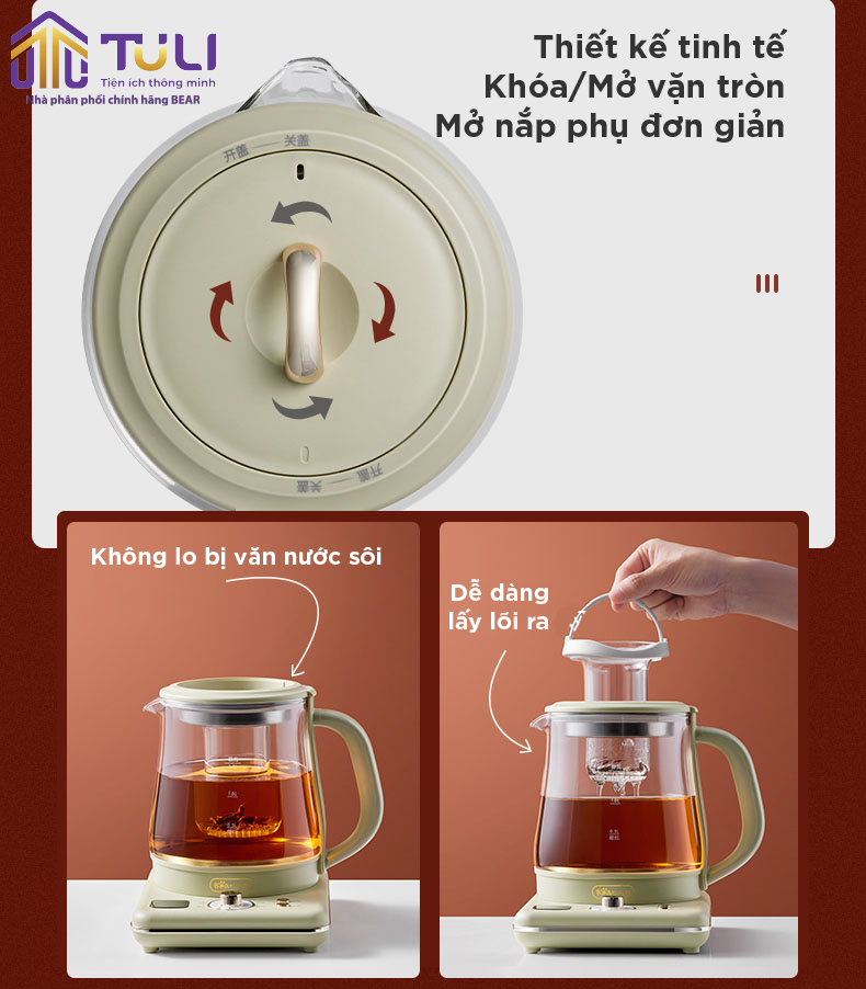 Ấm pha trà đa năng Bear YSH-E15G1 (SB-PT15K) 1000W Bình thủy tinh có lõi lọc inox 304