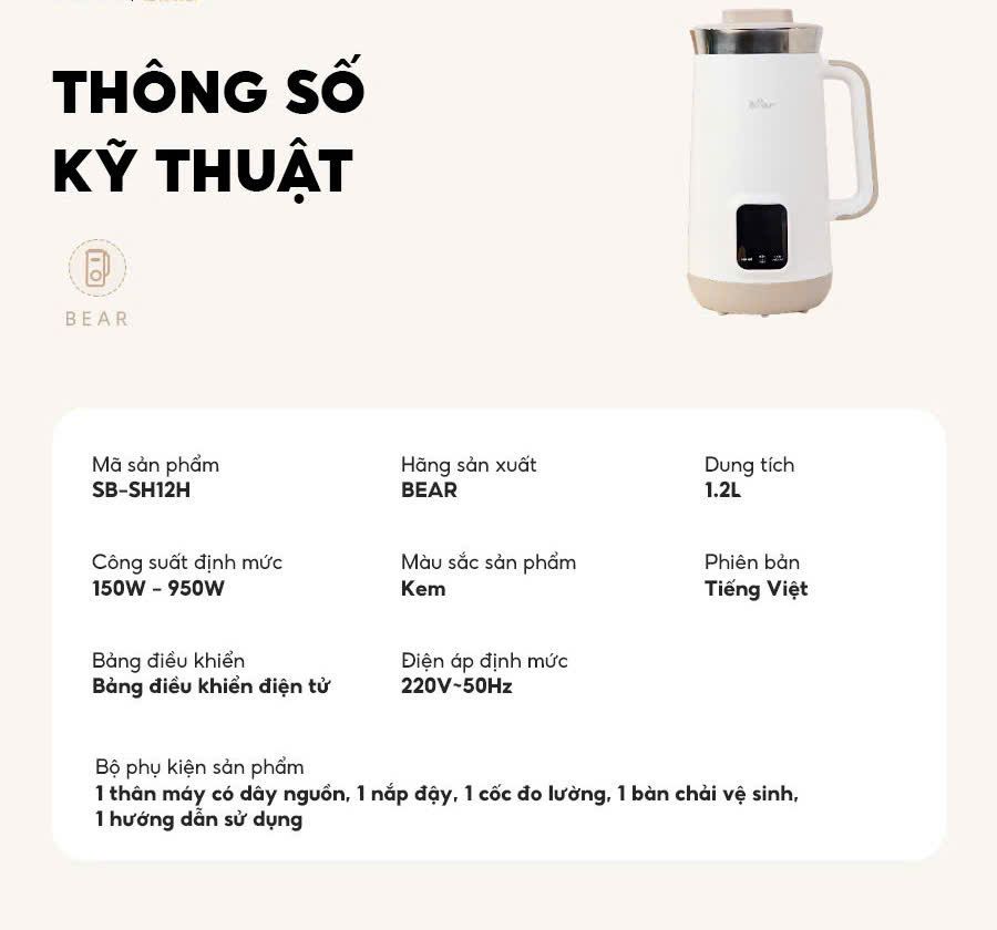 Máy Làm Sữa Hạt BEAR 1.2L SB-SH12H TIẾNG VIỆT Máy Xay Nấu Đa Năng