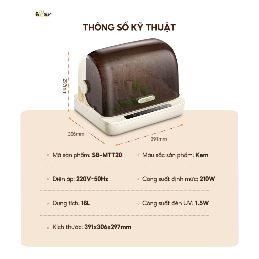 Máy Tiệt Trùng Bình Sữa Bear SB-MTT20 18L Máy Tiệt Trùng Sấy Khô Máy Tiệt Trùng UV Ti Giả Bình Sữa Máy Diệt Trùng