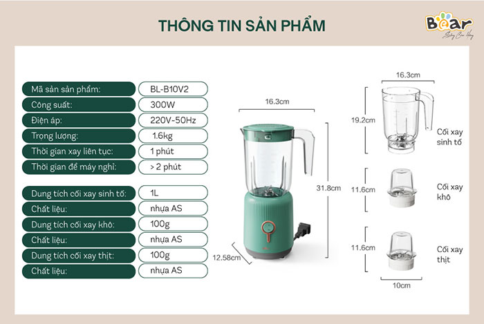Thông sỗ kỹ thuật của máy xay sinh tố bear 3 cối