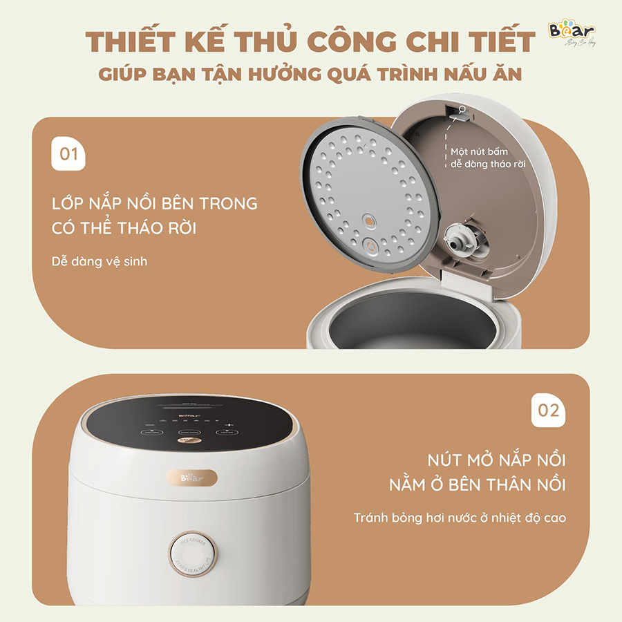 Nồi Cơm Điện 3L Bear SB-NC30B - 600W - 6 chức năng nấu đa dạng - Bảng điều khiển tiếng Việt - Dễ sử dụng