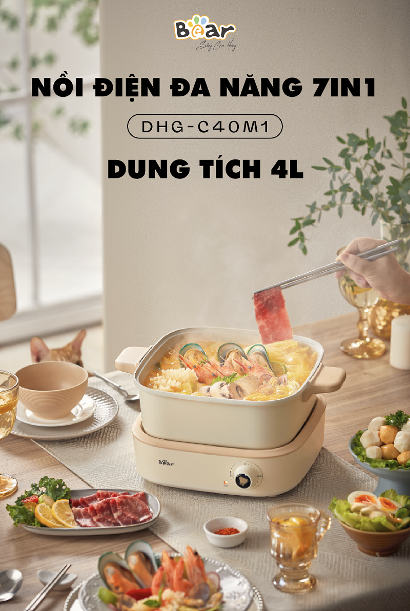 Nồi Lẩu Điện Đa Năng Bear DHG-C40M1 Tiết Kiệm Điện 7 trong 1 Chống Dính Cao Cấp Nấu Lẩu Thịt Nướng