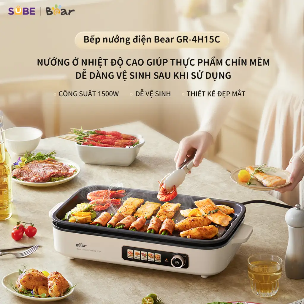Bếp Nướng Điện Không Khói Bear GR-4H15C Đa Năng Chiên Xào Khay Nướng Hệ Thống Phát Nhiệt 5U Phân Bố Nhiệt Đồng Đều Bếp Nướng Điện Không Khói Bear GR-4H15C