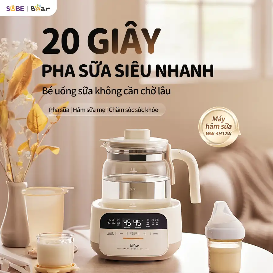 Máy Đun Nước Pha Sữa Bear WW-5H12N Máy Hâm Sữa Ấm Đun Siêu Tốc 1.3L Bình Đun Pha Sữa Cho Bé Khử Clo Kèm Cốc Hâm Sữa Máy Đun Nước Pha Sữa Bear WW-5H12N