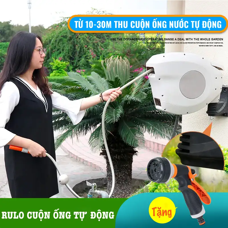 Vòi tưới cây vòi rửa xe Lionking 10-30 mét Rulo cuộn ống tự động Tặng vòi xịt đa năng 8 kiểu phun Vòi tưới cây vòi rửa xe Lionking