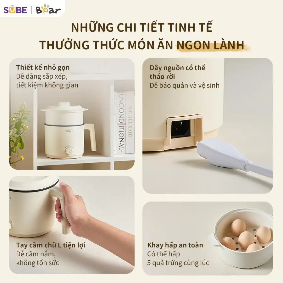 Nồi Điện Đa Năng Mini Bear MC-4H16H 1.2L Nấu Lẩu Hầm Hấp Chiên Xào Lòng Nồi Chống Dính 2 Mức Nhiệt 300W-600W Nồi Điện Đa Năng Mini Bear MC-4H16H 1.2L Nấu Lẩu Hầm Hấp Chiên Xào Lòng Nồi Chống Dính 2 Mức Nhiệt 300W-600W - Ảnh 5