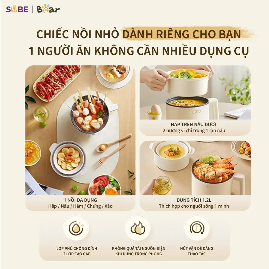 Nồi Điện Đa Năng Mini Bear MC-4H16H 1.2L Nấu Lẩu Hầm Hấp Chiên Xào Lòng Nồi Chống Dính 2 Mức Nhiệt 300W-600W Nồi Điện Đa Năng Mini Bear MC-4H16H 1.2L Nấu Lẩu Hầm Hấp Chiên Xào Lòng Nồi Chống Dính 2 Mức Nhiệt 300W-600W - Ảnh 8