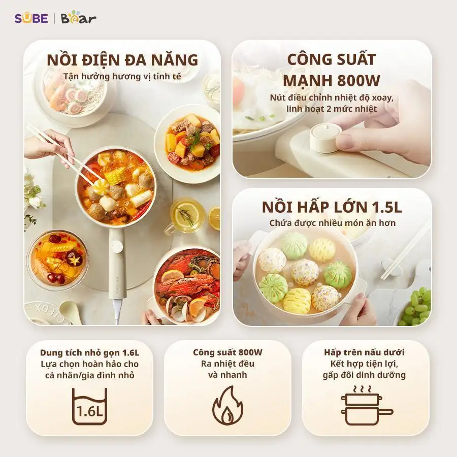 Nồi Điện Đa Năng Bear MC-4H16F 1.6L Nấu Hầm Lẩu Hấp Chiên Xào Lòng Nồi Chống Dính Công Suất 800W Xửng Hấp Nồi Điện Mini Nồi Điện Đa Năng Bear MC-4H16F