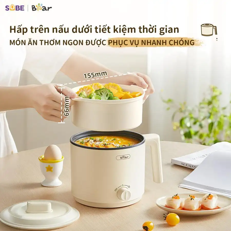 Nồi Điện Đa Năng Mini Bear MC-4H16H 1.2L Nấu Lẩu Hầm Hấp Chiên Xào Lòng Nồi Chống Dính 2 Mức Nhiệt 300W-600W Nồi Điện Đa Năng Mini Bear MC-4H16H