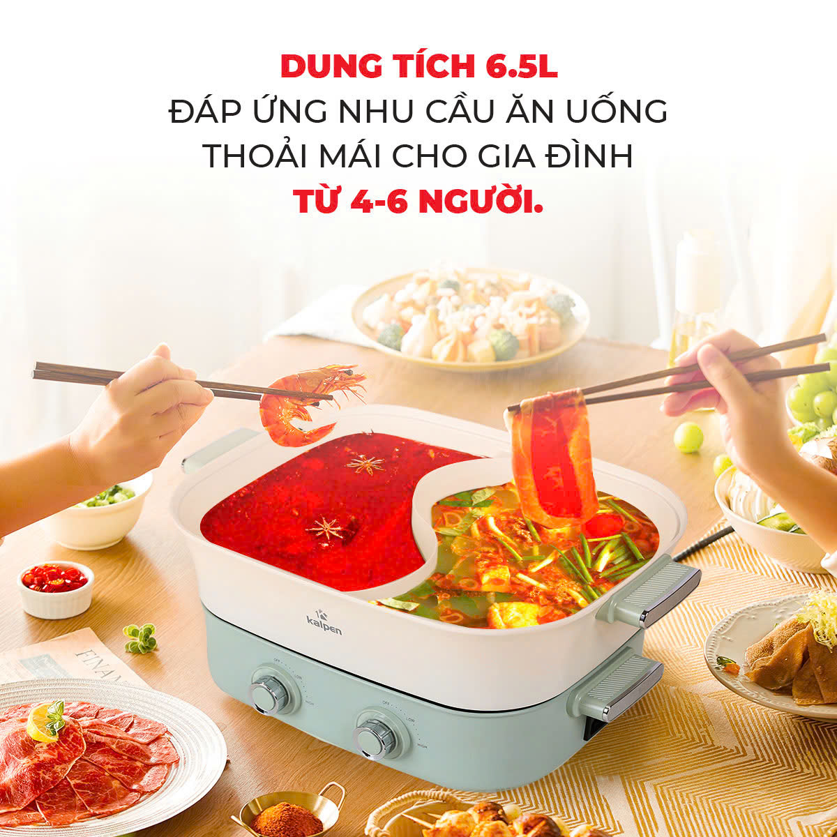 Bếp Nướng Lẩu Hai Ngăn Đa Năng Chính Hãng Kalpen 6.5L Công Suất 2200W Bảo Hành 2 Năm