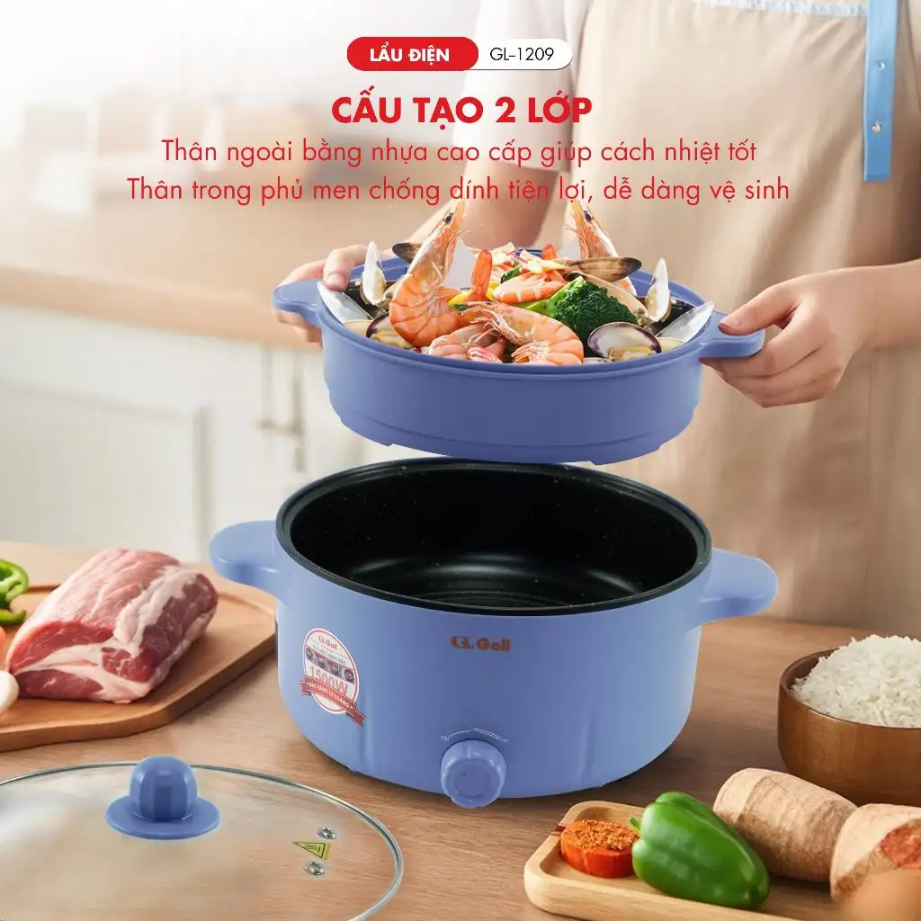 Lẩu Điện Gali GL-1209 – Dung Tích 4 Lít, Đa Năng, Chống Dính, Nấu Lẩu, Chiên Xào Tiện Lợi Lẩu Điện Gali GL-1209