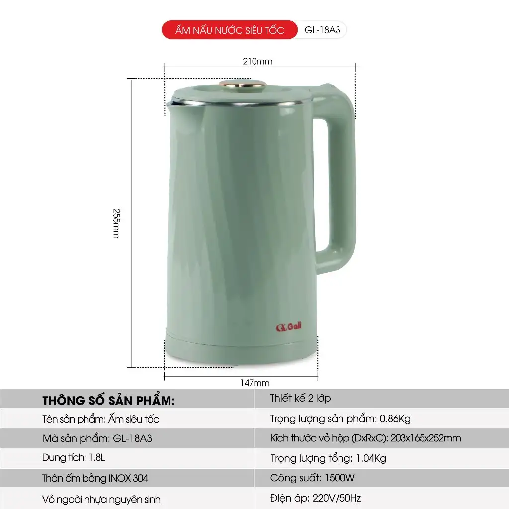 Alternative view of [ CHÍNH HÃNG ] Ấm siêu tốc Gali GL-18A3 - 1.8 Lít 2 lớp cách nhiệt Inox 304 bảo hành 24 tháng