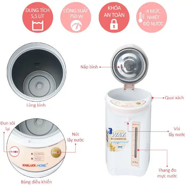 Alternative view of Bình thủy điện KHALUCK.HOME KL-955 - 5.5L - 750W - Thân INOX - BH 12 THÁNG