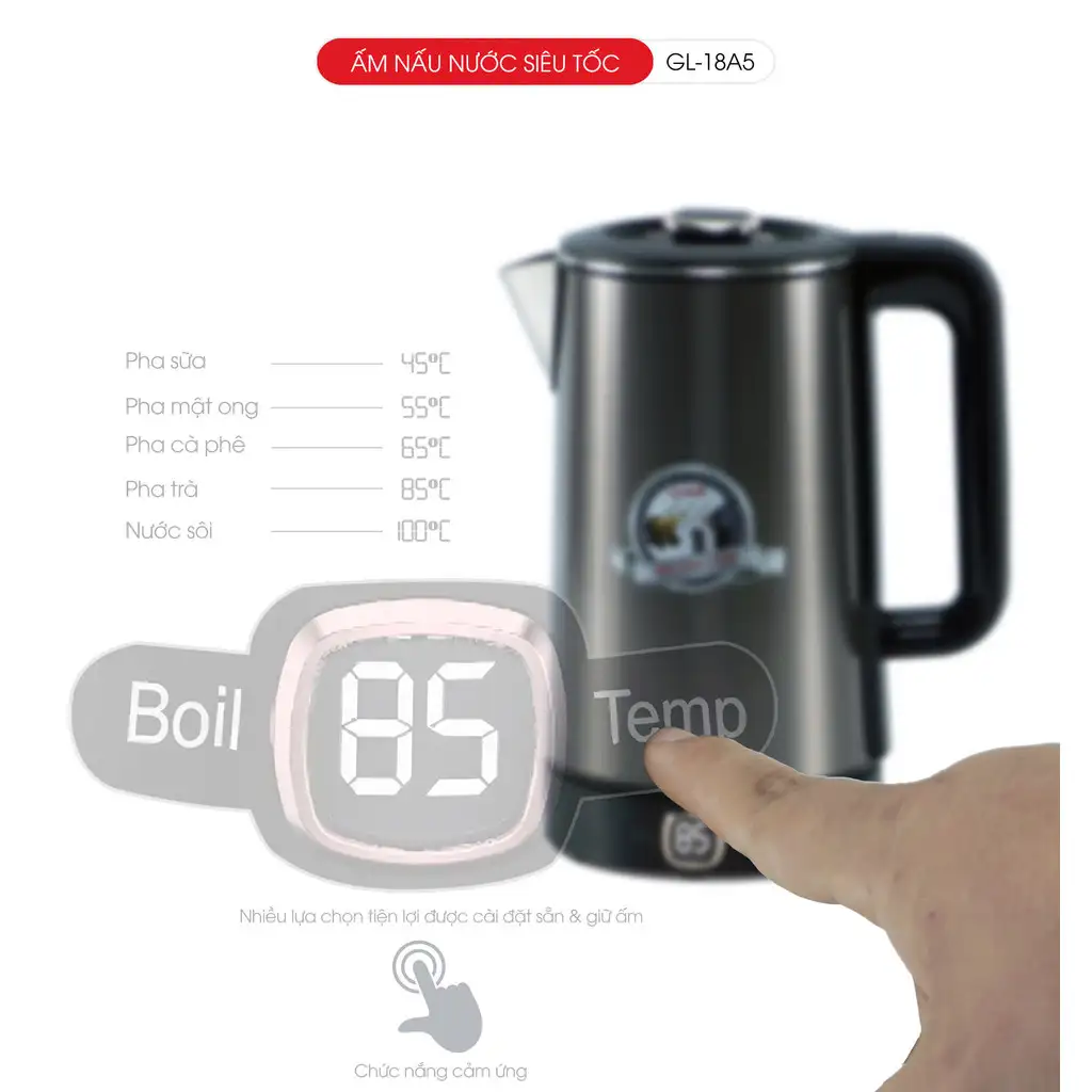 Alternative view of [Chính hãng] Ấm Siêu Tốc Gali GL-18A5 1.8 Lít 1500W 2 Lớp Cảm Ứng Chỉnh Nhiệt Độ Bảo Hành 24 Tháng