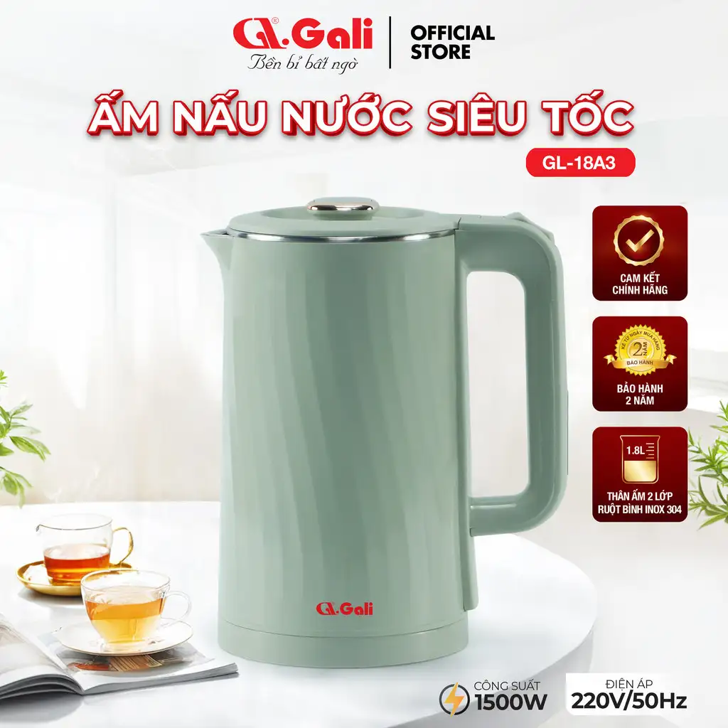 [ CHÍNH HÃNG ] Ấm siêu tốc Gali GL-18A3 - 1.8 Lít 2 lớp cách nhiệt Inox 304 bảo hành 24 tháng