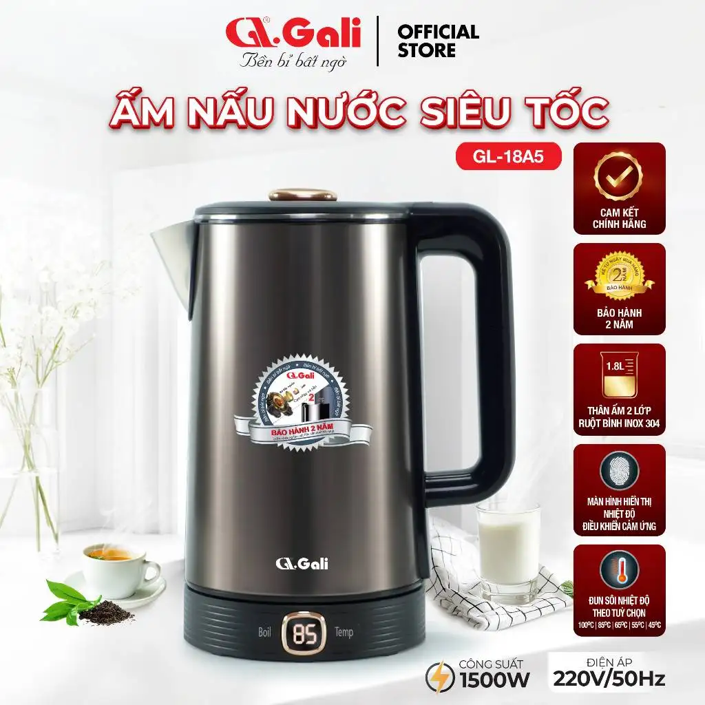 [Chính hãng] Ấm Siêu Tốc Gali GL-18A5 1.8 Lít 1500W 2 Lớp Cảm Ứng Chỉnh Nhiệt Độ Bảo Hành 24 Tháng