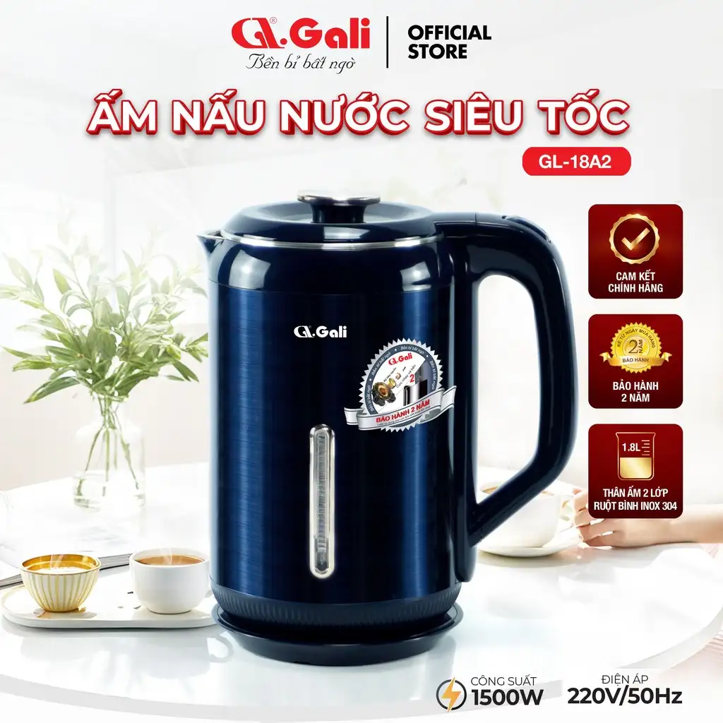 Ấm siêu tốc Gali GL-18A2 Inox nguyên khối 304, thiết kế 2 lớp cách nhiệt chống nóng. Bảo hành 2 năm