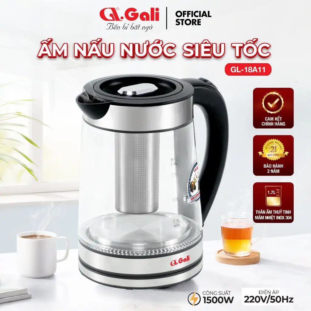 Ấm siêu tốc thuỷ tinh Gali GL-18A11, GL-0017T 1.7 lít Có Lưới Lọc Pha Trà. Bảo Hành 24 Tháng