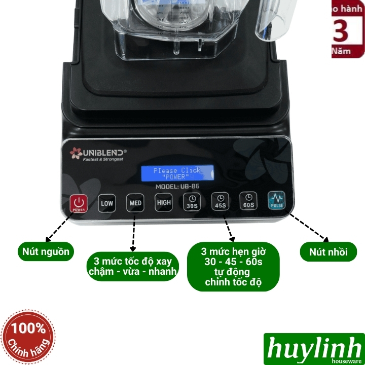 [Mẫu mới 2025] Máy xay sinh tố công nghiệp Uniblend UB-86 - 1680W - 1.8 lít - xay tự động 30s - 45s - 60s