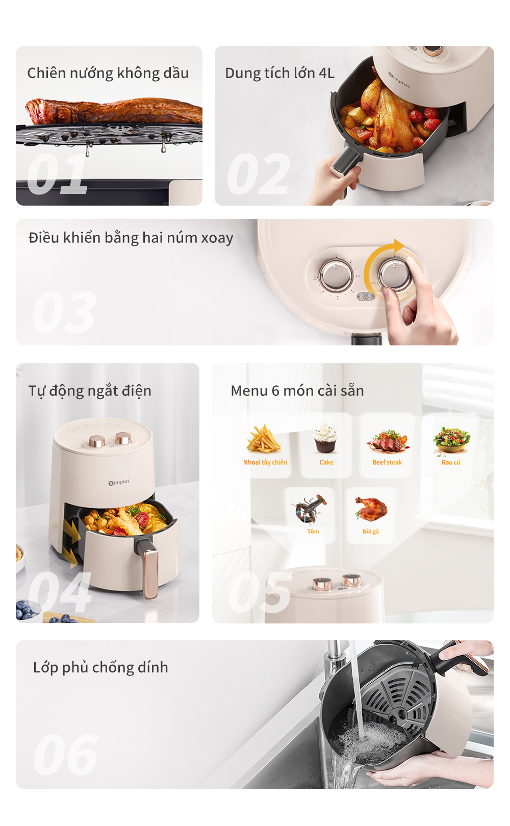 Simplus Nồi Chiên Không Dầu Dung Tích 4L/5L lớn chiên nướng đa năng không dầu mỡ - Bảo Hành 1 Năm 1 Đổi 1 KQZG007/ 022