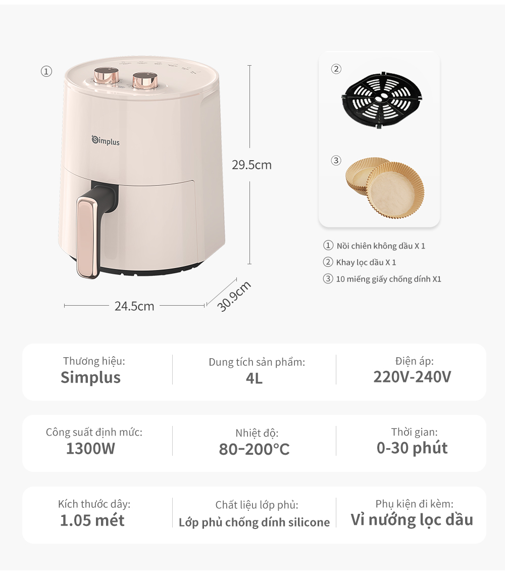 Simplus Nồi Chiên Không Dầu Dung Tích 4L/5L lớn chiên nướng đa năng không dầu mỡ - Bảo Hành 1 Năm 1 Đổi 1 KQZG007/ 022