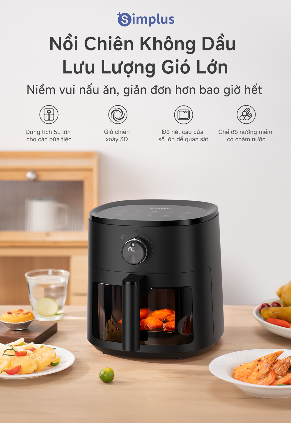 Simplus Nồi Chiên Không Dầu Dung Tích 4L/5L lớn chiên nướng đa năng không dầu mỡ - Bảo Hành 1 Năm 1 Đổi 1 KQZG007/ 022