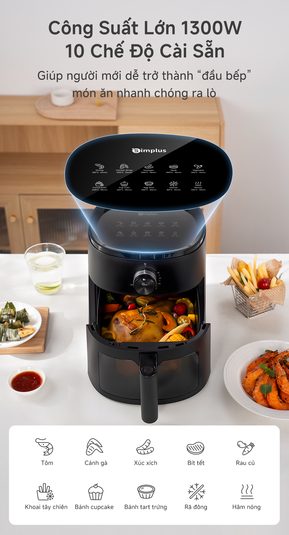 Simplus Nồi Chiên Không Dầu Dung Tích 4L/5L lớn chiên nướng đa năng không dầu mỡ - Bảo Hành 1 Năm 1 Đổi 1 KQZG007/ 022